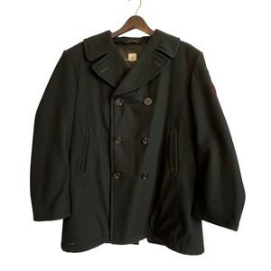 US Navy Wool Pea Coat Black Double Breasted‎ Anchor Buttons Men 44L Patch